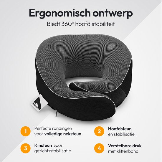 NOHRD Aircraft Neck Pillow - Reisekissen - Schwarz - Memory Foam - Inkl. Ohrstöpsel, Schlafmaske & Tragetasche - Memory Foam - Nackenstütze