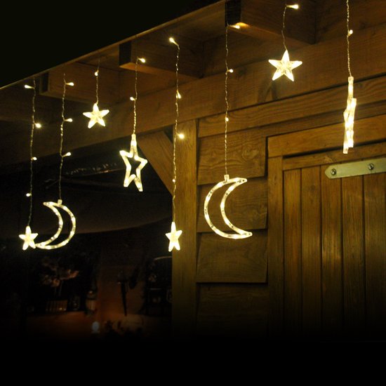 Giftmas Lichtervorhang - 120 LED Hängedekoration - Warmweiß - Monde und Sterne - Weihnachts- und Fensterdekoration - für drinnen und draußen - Weihnachtsdekorationen - 3.5M - Weihnachtsbeleuchtung