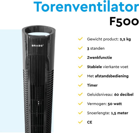 BRASQ - Turmventilator F500 mit Fernbedienung - 80 cm hoch - Timer & Schlafmodus - 50W - schwarz
