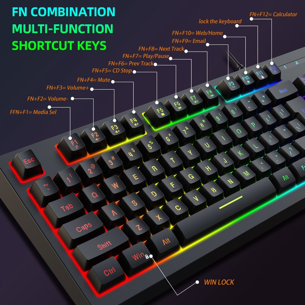 Fuegobird V100 Wired Gaming Keyboards - Membrantastatur - RGB Beleuchtung - TKL - 87 Tasten - Schwarz