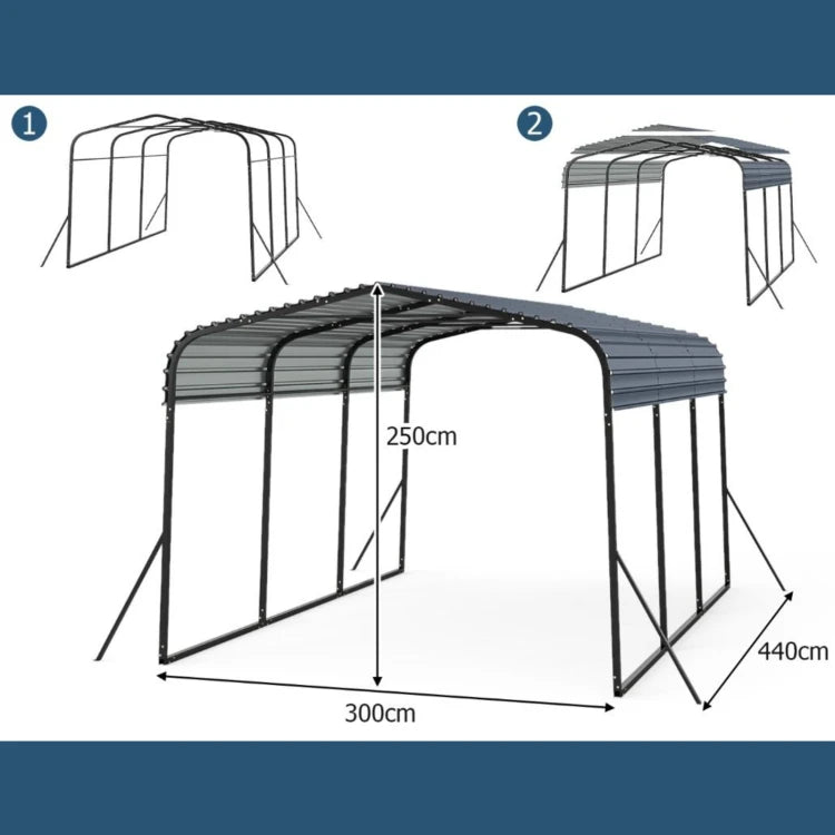 Coast Carport 440 x 300 cm – Stahldach – Verstärkte Träger – Schneelast 120 kg