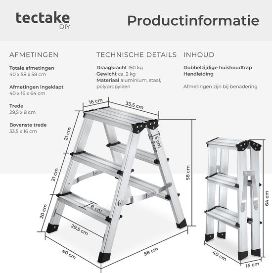 tectake® Doppelseitige Aluminium-Küchenleiter – 3 Sprossen – 58 cm – Stabile Leiter – Zusammenklappbare Trittleiter – Rutschfeste Haushaltsleiter