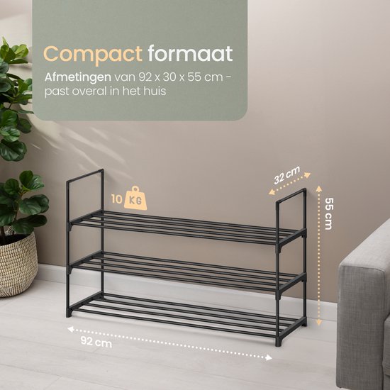 O'DADDY® Schuhregal 3 Lagen - Schuhregal - Schuhaufbewahrungssystem - Schuhschrank - Schuhregal - Schuhschrank - Aufbewahrungsregal für 12 bis 15 Paar Schuhe - Schwarzes Metall