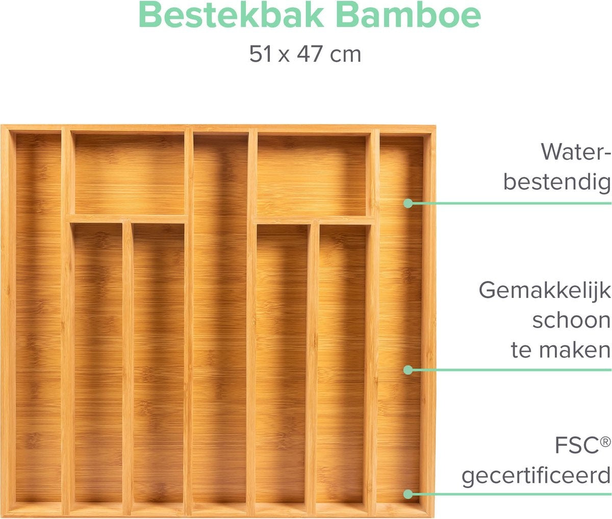 Coninx Besteckkasten Bambus 51CM breit - Besteckschublade - Aufbewahrungskasten - Langlebig - für Schubladen ab 47cm Tiefe