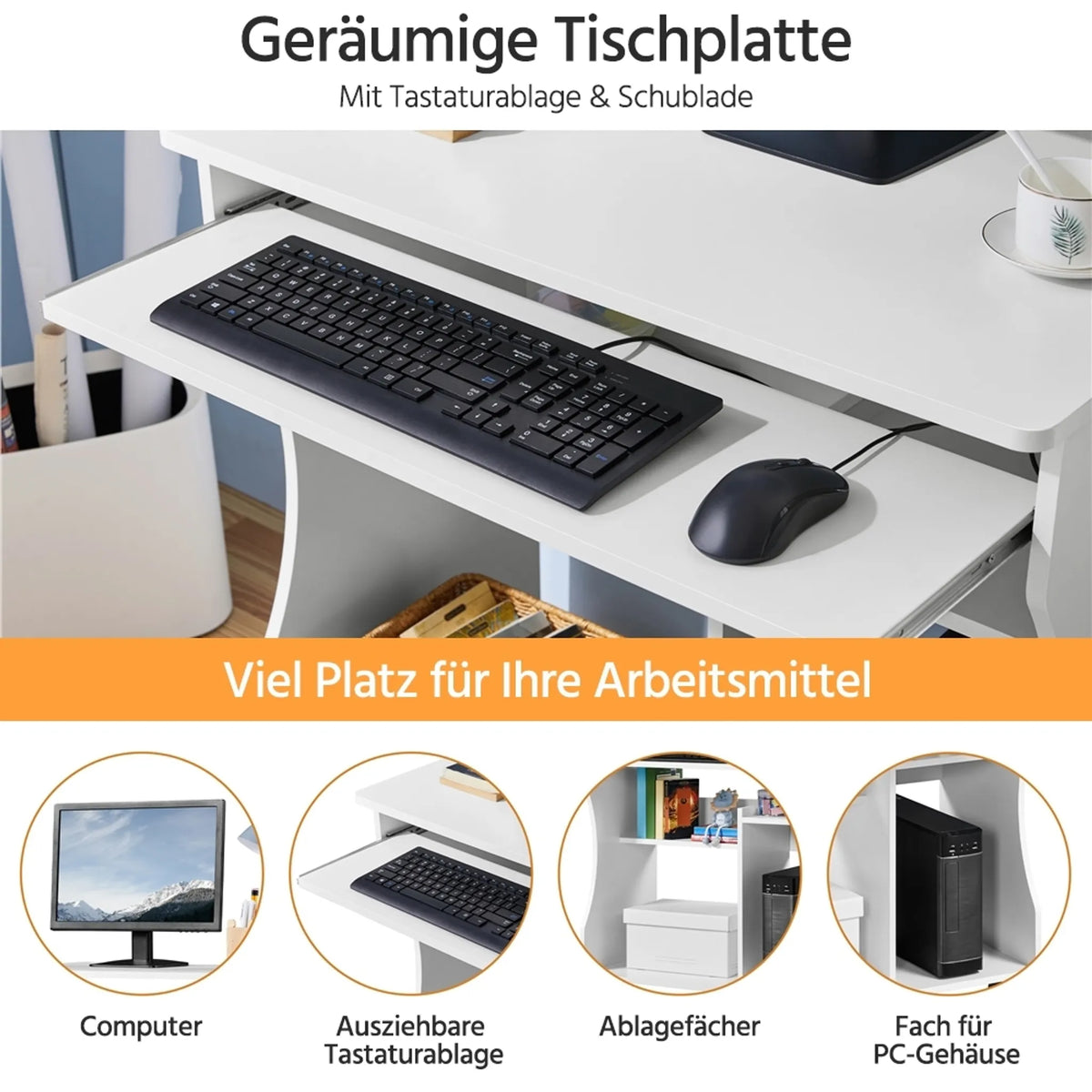 Yaheetech Computertisch auf Rädern - Mit ausziehbarer Tastaturschublade und zwei Ablagefächern und Bremsfunktion - Für Heimbüro und Schlafzimmer - Weißes Mdf und Metall - 80 x 48 x 76 cm