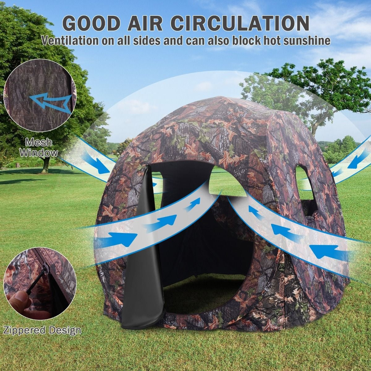 Coast Retractable Jagdhütte für 3 Personen Jagdzelt Stahlrahmen Mesh Fenster Tragetasche Riemen Bodenheringe Camouflage 152 x 152 x 163cm