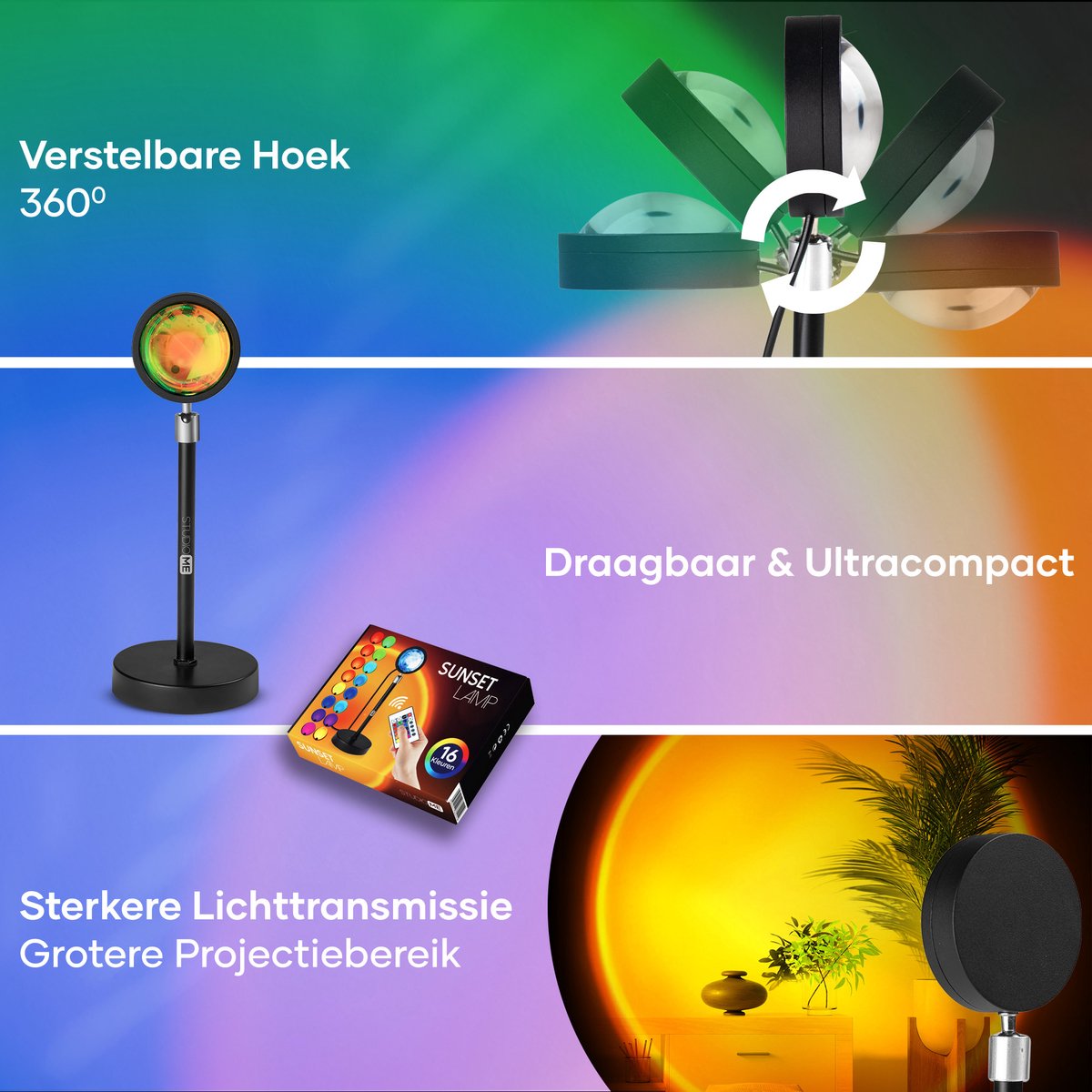 Studio ME Sunset Lamp - Ambientelampe - 16 Farben - Ambientelicht für Innenräume - Galaxy Projektorlampe - Inkl. Fernbedienung - Tiktok Lampe - 360° drehbar - Projektorlampen
