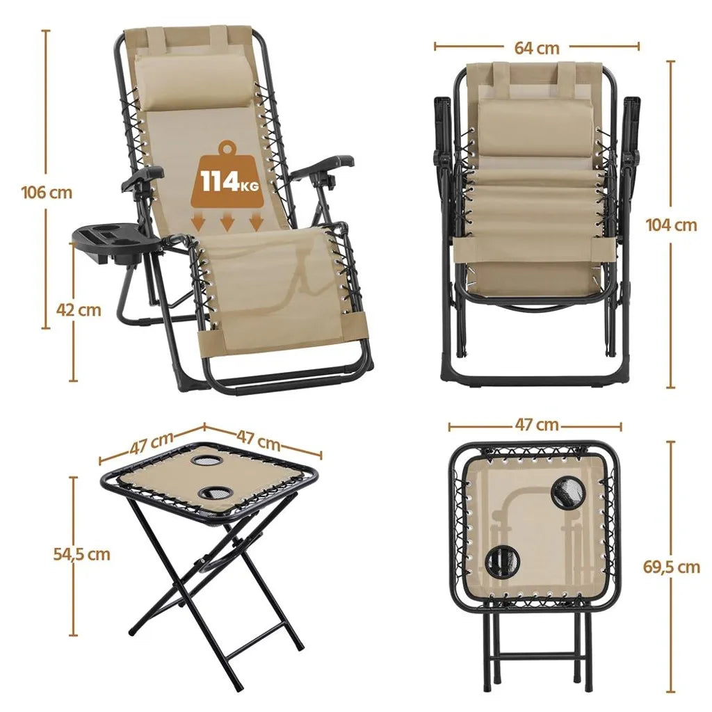 Yaheetech 2er-Set Liegestühle mit Beistelltisch – Beige – Zusammenklappbare Zero-Gravity-Gartenliegestühle mit Kopfkissen und Getränkehaltern