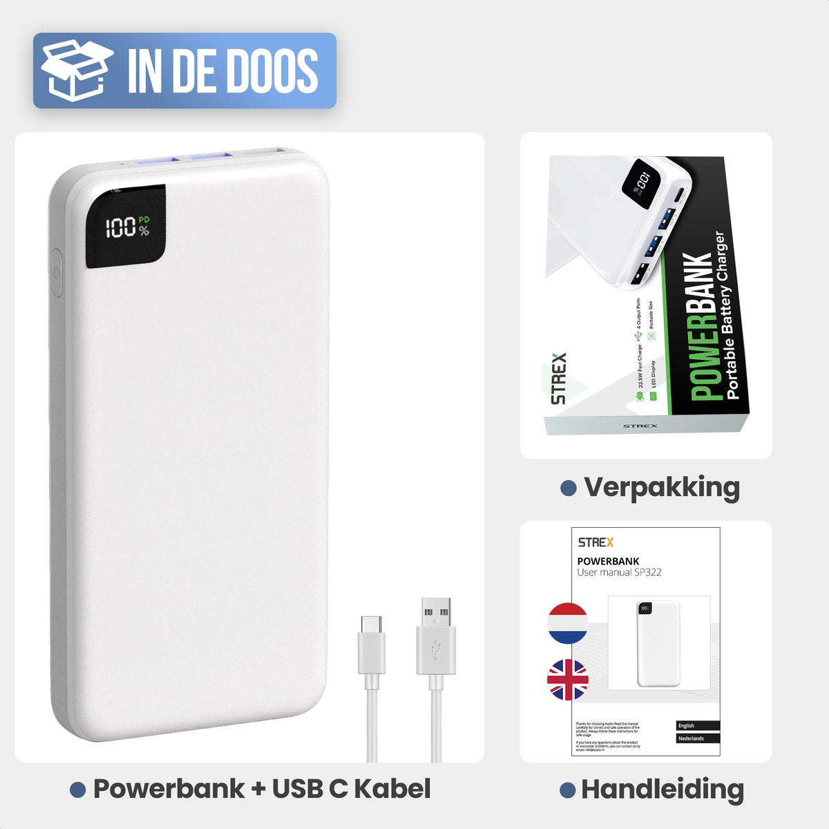 Strex Powerbank White - 27.000 mAh - 22,5W Schnellladegerät - USB-A/USB-C - LED-Anzeige - Universal Powerbank u.a. geeignet für iOS/Android