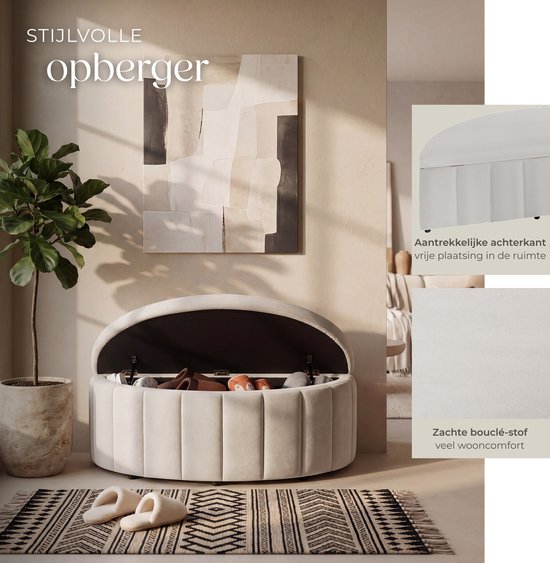tectake® Polsterbank „Moon“ – Hocker mit Stauraum – Großes Staufach – Halbmondform – Sitzbank – 108 x 48 x 38,5 cm – Belastbarkeit 150 kg – Samt, Taupe