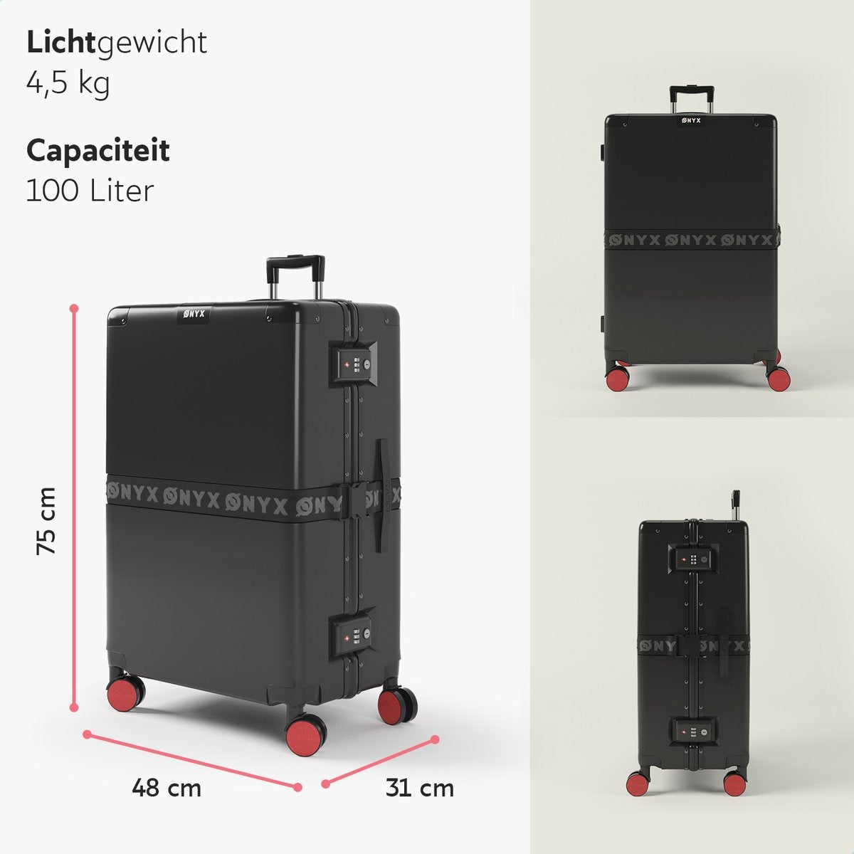 ONYX® - Check-in-Koffer 100L - TSA-Schloss - Leichter Trolley - Aluminiumverschluss - Schwarz