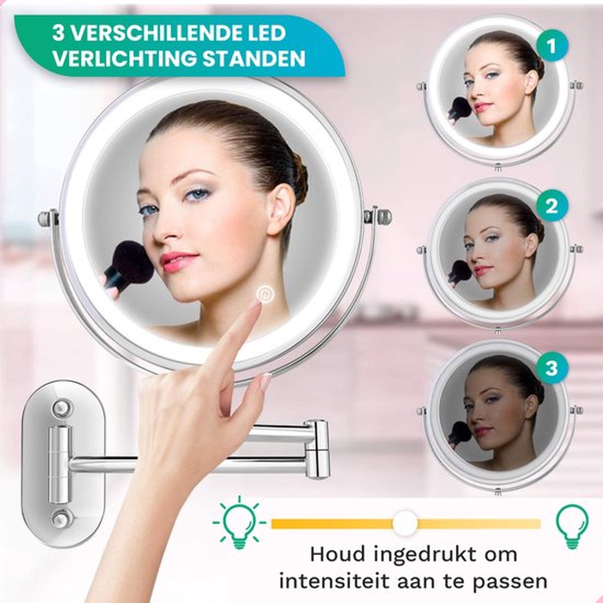 Mirlux Make-up Wandspiegel mit LED-Beleuchtung - 5x Vergrößerung - 20 cm Ø - Edelstahl Silber