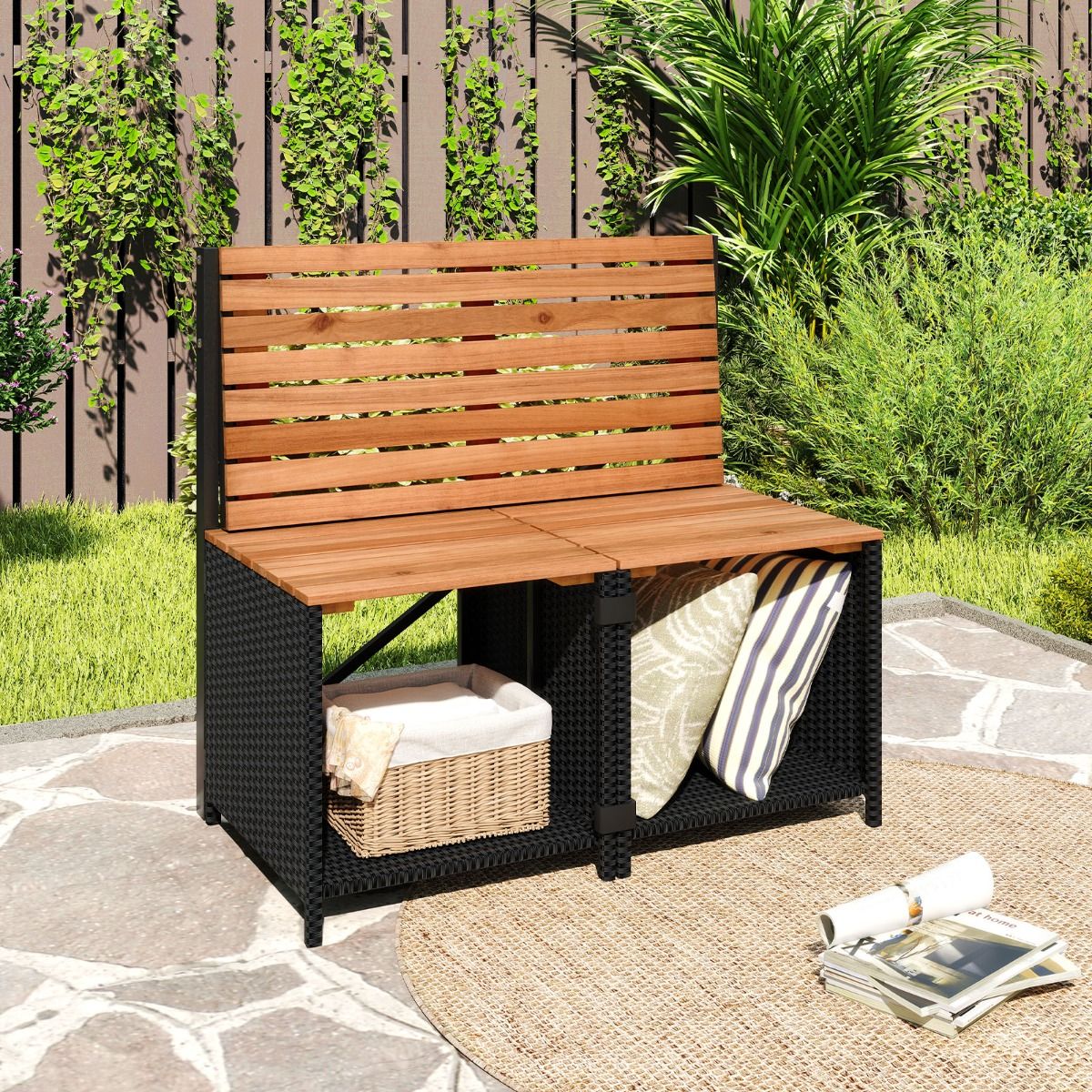 Coast 2-in-1-Gartenbank und Picknicktisch – wandelbares Balkonmöbel – mit Stauraum – schwarz/naturfarben