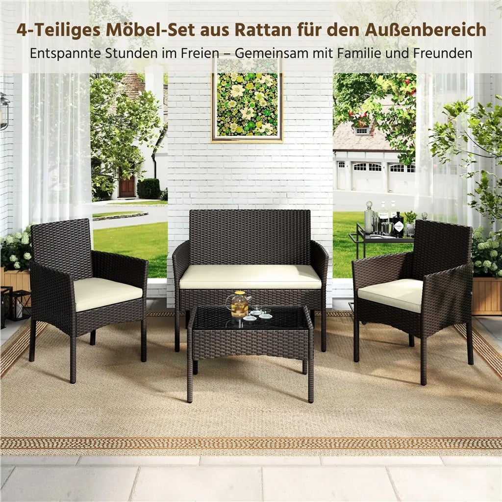 Yaheetech Polyrattan-Lounge-Set, 4-teilig – Braun/Beige – Gartenset mit 2-Sitzer-Sofa, 2 Stühlen und Tisch