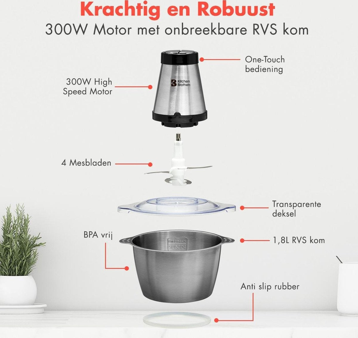 KitchenBrothers Zerkleinerer - Lebensmittelzerkleinerer - Elektrisch - 2 Geschwindigkeiten - 300 W - 1,8 L - Schüssel aus Edelstahl