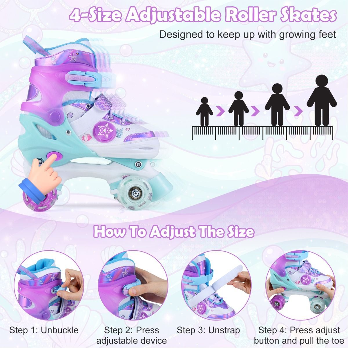 Coast Verstellbare Kinder-Rollschuhe – leuchtende Rollen – für 5–7 Jahre – lila und blau