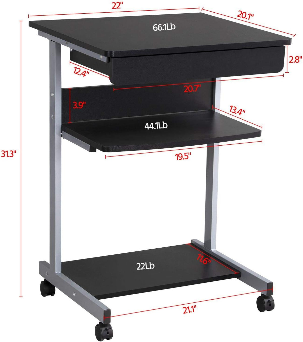Yaheetech kleiner mobiler Computertisch 56 x 51 x 80 cm – Schwarz – mit Rollen