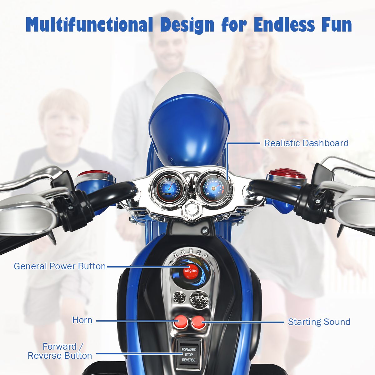 Coast Elektromotorrad für Kinder – Chopper-Stil – Verstellbarer Scheinwerfer – Musikfunktion – Blau und Schwarz – 91 x 48 x 64 cm