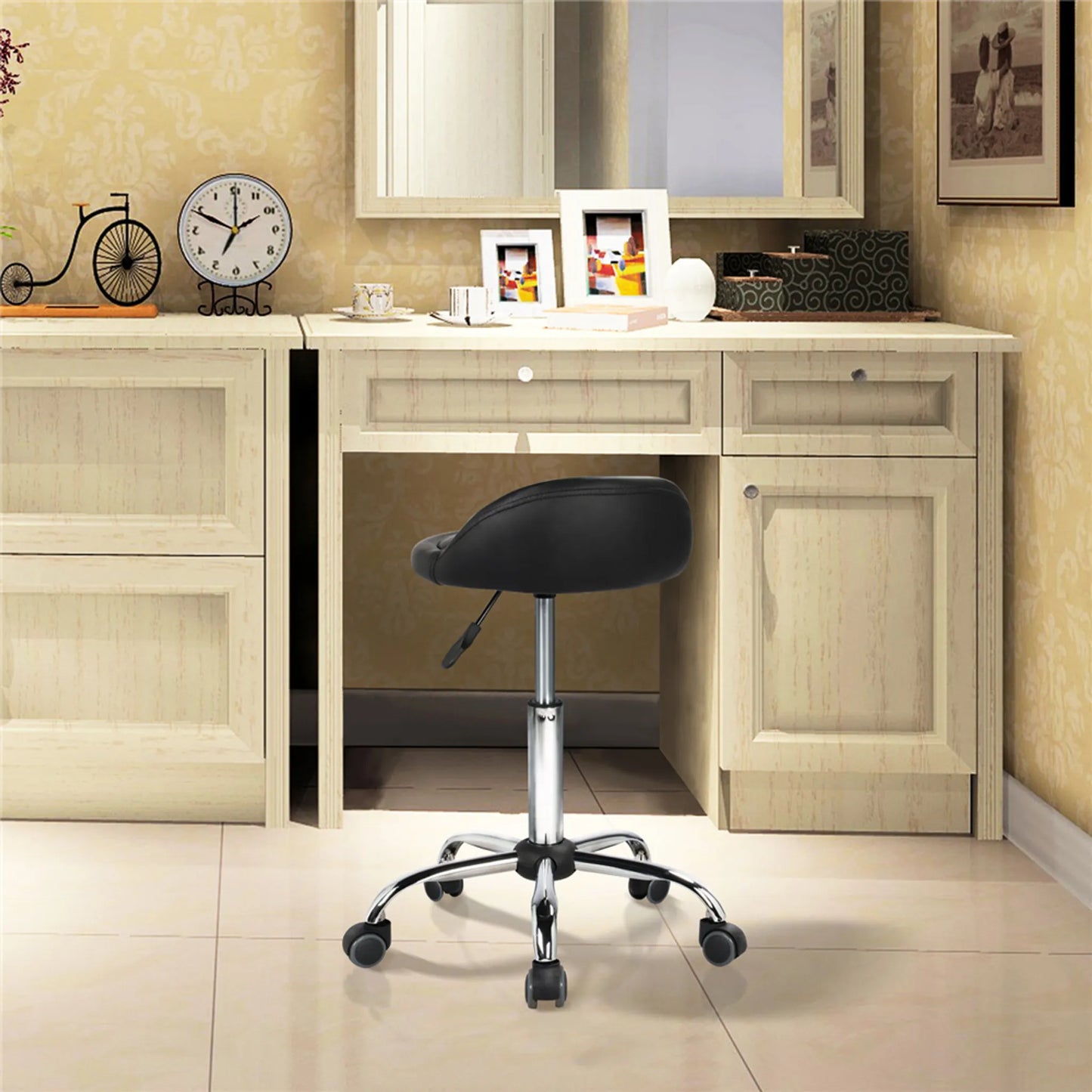 Yaheetech Barhocker auf Rädern mit Rückenlehne - Mit höhenverstellbarem Gaslift und 360° drehbarem Sitz und Chromgestell - Für Kücheninsel und Lounge - Schwarzes PU-Kunstleder und Metall - 52 x 52 x 55,5-70 cm