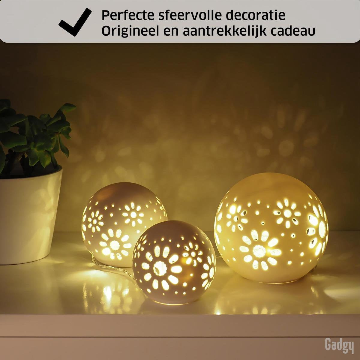 Gadgy Keramik-Kugellampe mit Lichterkette - 3 Stück: Ã˜ 8/10/12 cm - Batteriebetriebene Tischlampe - Stimmungsvolle Beleuchtung
