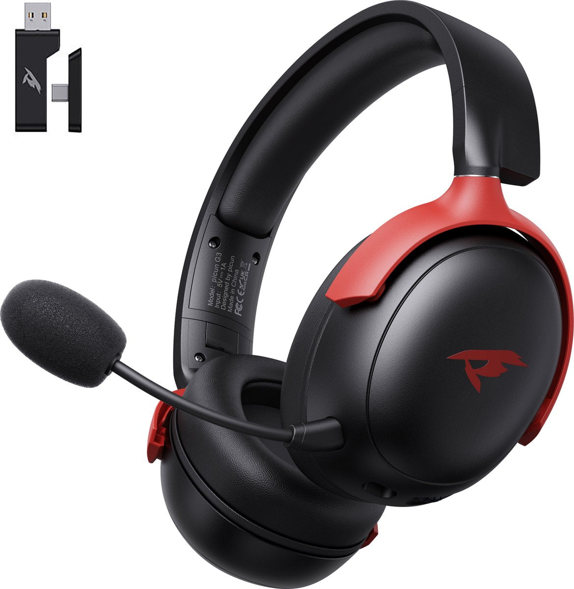Kofire Picun G3 Wireless Gaming Headset - Over-Ear Kopfhörer mit Mikrofon - 53mm Treiber - 50 Stunden Akkulaufzeit - PC/PS4/PS5/Nintendo Switch/Xbox - Schwarz/Rot - 238g