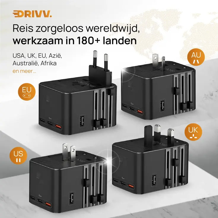 Drivv. Universeller USB-C-Reiseadapter mit 45 W – für über 180 Länder – 3x USB-C & 2x USB-A – kompakter Reiseadapter