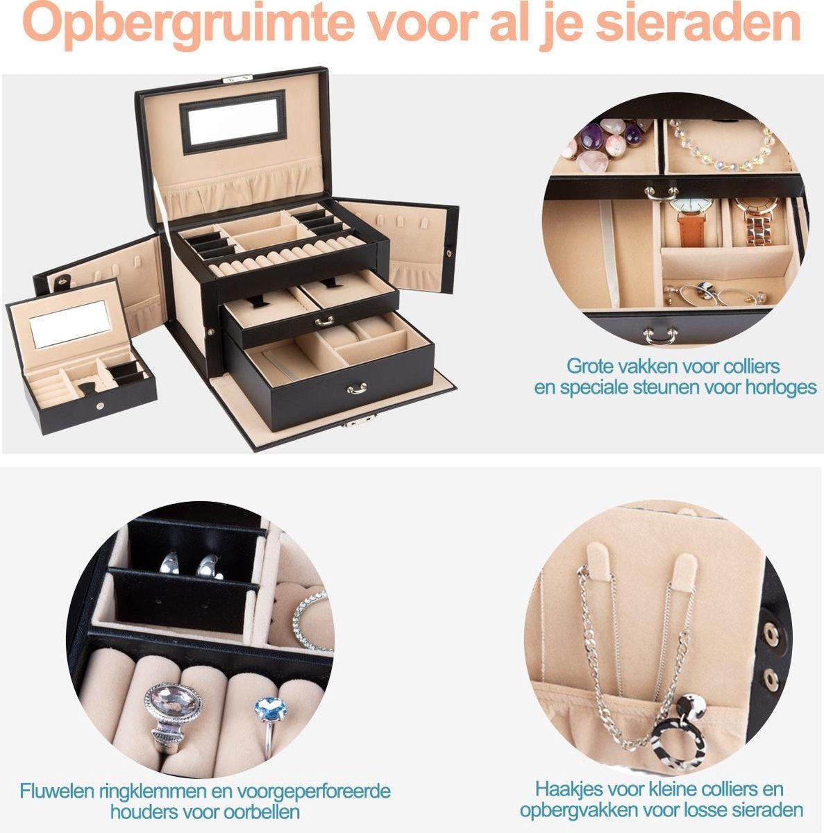 LifeGoods Schmuckkästchen XL - Schmuckaufbewahrung - 20 Fächer - Schwarz/Beige