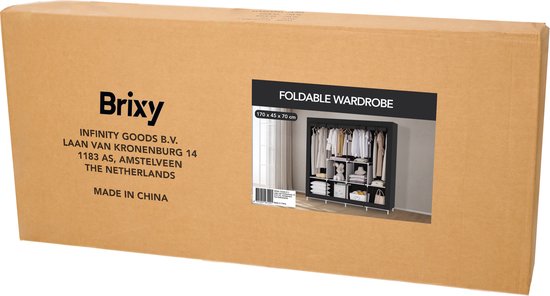 Brixy Wardrobe - Kleiderschrank - XXL - Kleiderschrank faltbar - 175 x 170 x 45cm - Campinggarderobe - Faltbarer Kleiderschrank aus Stoff - Schwarz