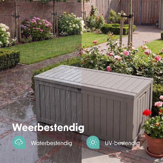 LifeGoods Aufbewahrungsbox - 570L - Kissenbox - Wasserdicht - Garten-Kissenbox - Rostfrei - Gartenbox - 137.5x66.5x72.8 cm - Grau