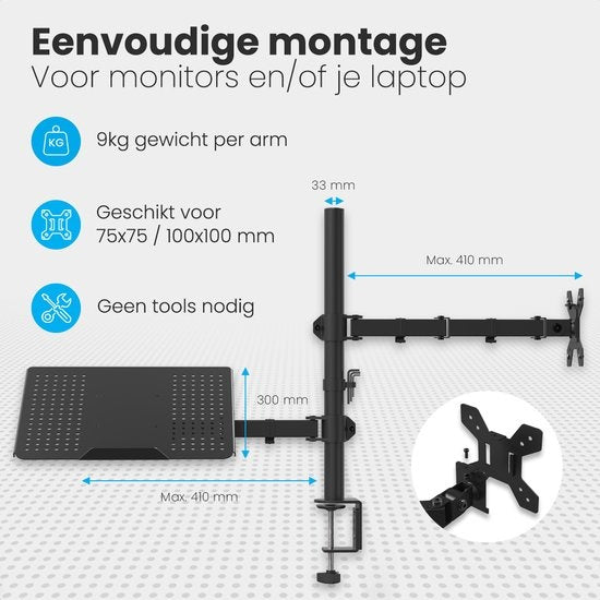 Auronic Monitorarm - 2 Bildschirme - 13 bis 27 Zoll - Verstellbar - Stahl - Schwarz