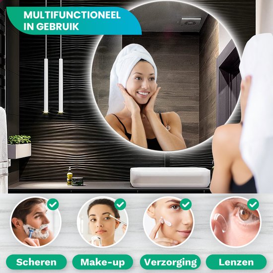 Mirlux Badezimmerspiegel mit LED-Beleuchtung & Heizung - Wandspiegel rund - Anti-Kondensations-Duschspiegel - 80CM