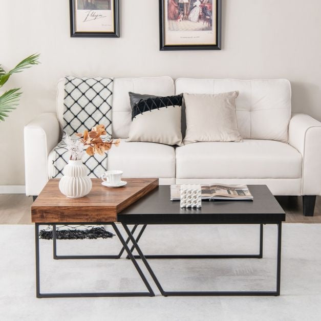 2er-Set Couchtische Modern Schwarz und Braun Stapelbarer Beistelltisch mit pulverbeschichteten Metallbeinen Trapezförmiger Ablagetisch