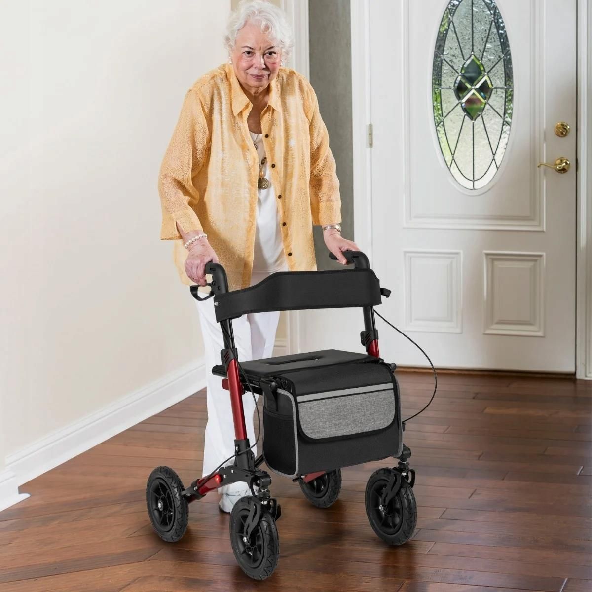 Coast Faltbarer Rollator Rot - Leichter 2-in-1-Reiserollator mit Sitz und Luftbereifung - 62 x 82 x 81,5-97 cm