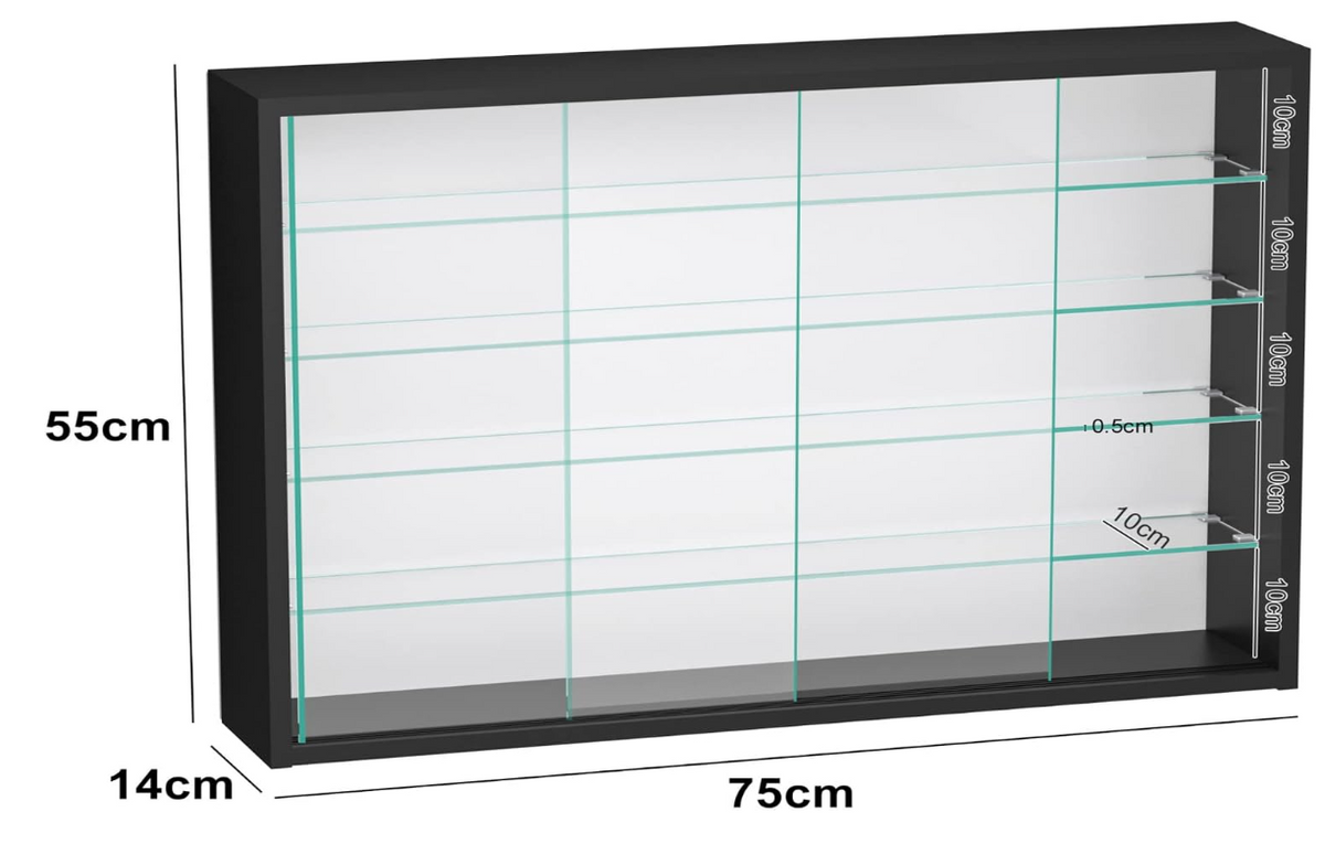 VDD Vitrine – Wandvitrine mit Schiebetüren – 75 x 55 x 14 cm – Schwarz