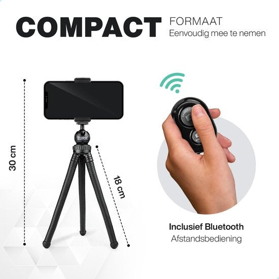 LURK¬Æ 3 in 1 Flexibele Octopus Tripod statief voor smartphone & (actie)camera - Incl. telefoonklem en bluetooth afstandsbediening - 25 cm