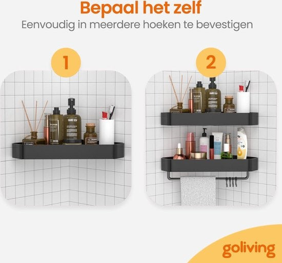 Goliving Doucherek 2 laags - Doucherek zonder boren - Doucherekje hoek - Douchemandje - Badkamerrek - Badkamer accessoires - Zwart