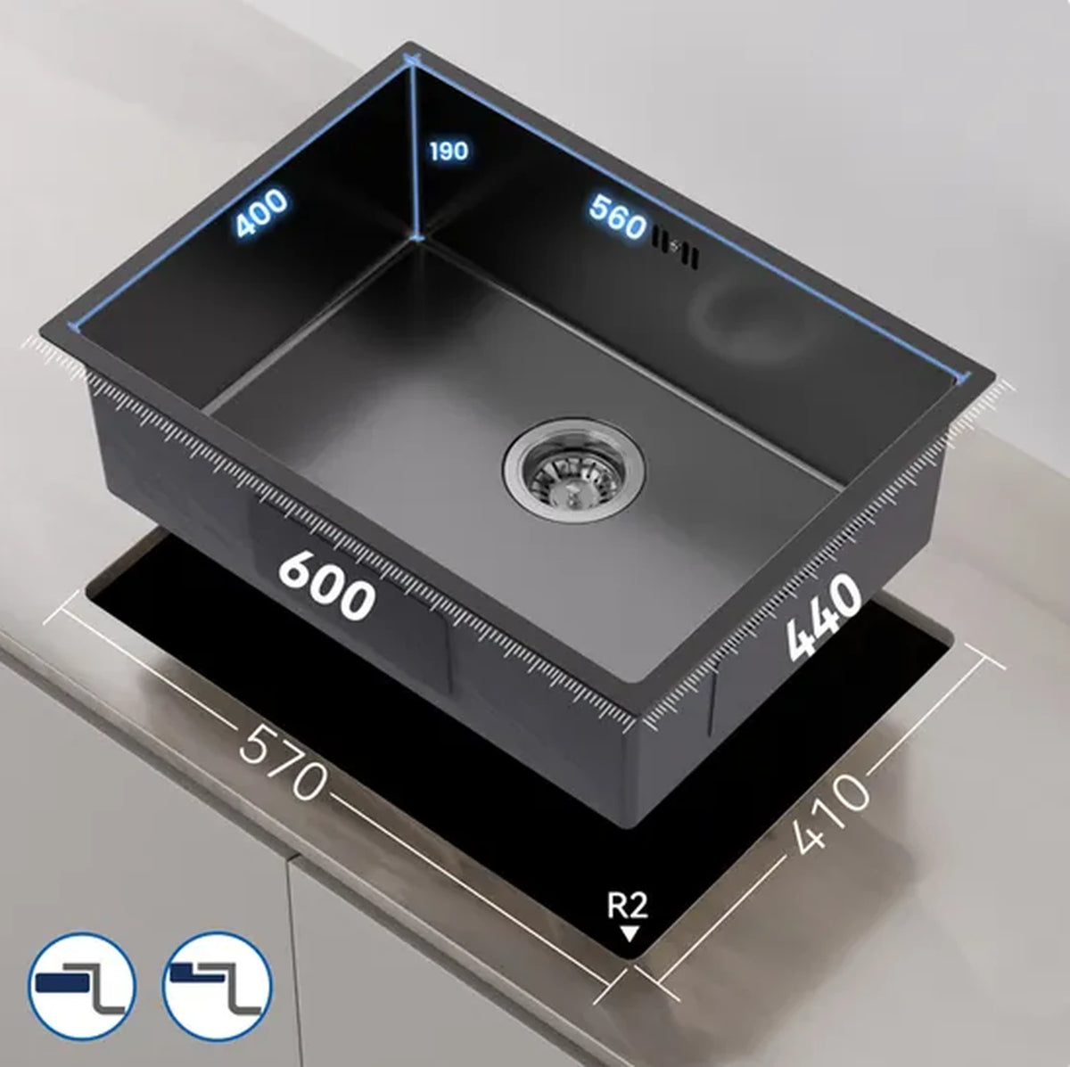 Auralum MAX Spülbecken aus Edelstahl 60 x 44 cm – Einbau, Aufsatz und Unterbau – Geräuschdämpfend mit Siphon – Dunkelgrau