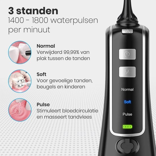 Auronic Water Flosser - Elektrisch - Munddusche Zahnzwischenräume - 3 Stufen - 4 Düsen - 300 ml - Schwarz