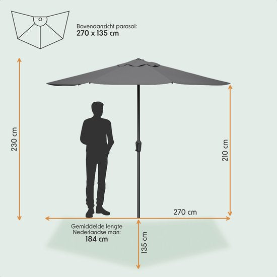 LifeGoods Balkon Sonnenschirm - Garten - 270x135 cm - Halbkreisförmiger Sonnenschirm - Wasserdicht - UPF50+ - Dunkelgrau