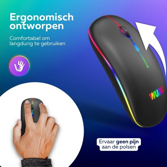 Wurk Wireless RGB Mouse - Wiederaufladbar - Bluetooth 4.0 - 2.4GHz - USB - Drahtlos - Computermaus - Laptop - PC - Schwarz