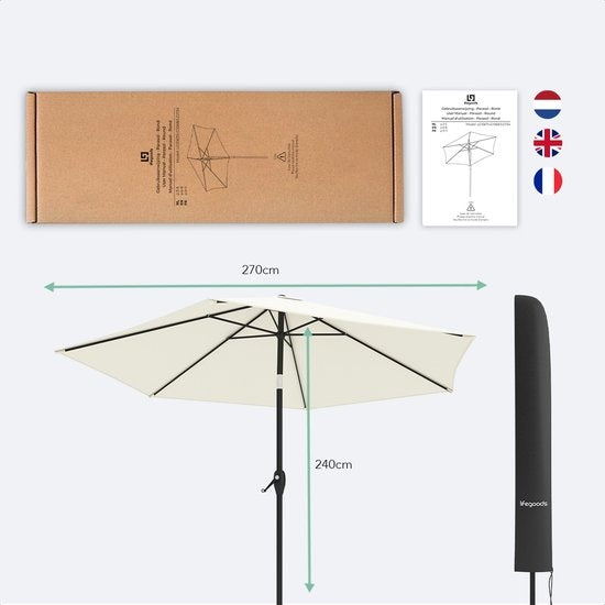 LifeGoods Sonnenschirm - 270 cm - 30° neigbar - wasserdicht - mit Bezug - Creme