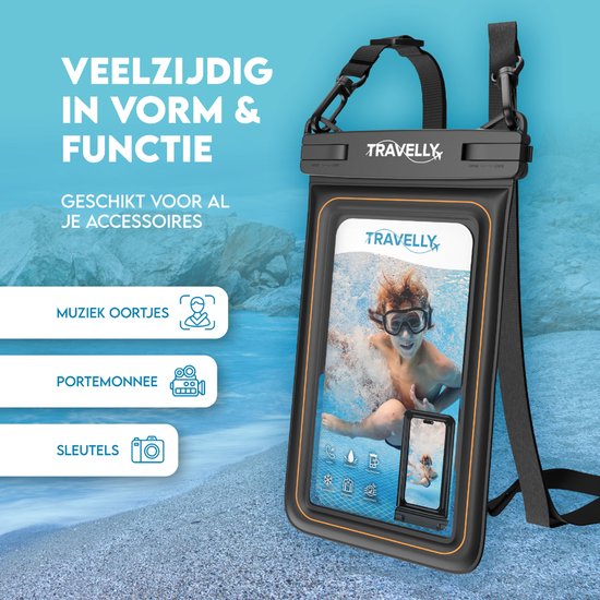 Travelly® Luxe Waterproof Phone Case - Universelle Unterwassertasche für Smartphone - Geeignet für alle Handys - Drybag - Für Urlaub, Schwimmen & Wassersport - Schwarz