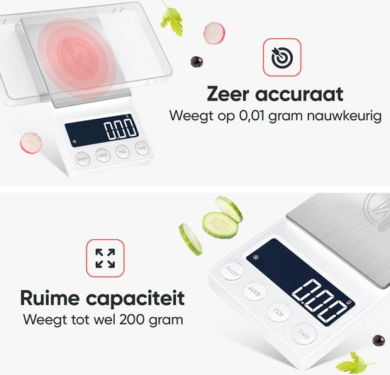 Kitchenwell digitale Mini-Präzisionsküchenwaage weiß - 0,01 bis 200 Gramm - 14,2 x 7,5 cm - batteriebetriebene Taschenwaage - Küchenwaage
