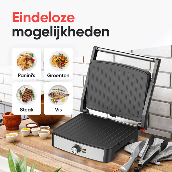 Kitchenwell - Kontakt Grill - KN381 - Sandwichmaker - Aluminium - Silber/Schwarz