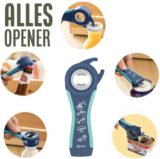 COOCK - Allzwecköffner - 7-in-1 Topföffner - Küchenhelfer - Flaschenöffner - Bieröffner - XL-Deckelöffner für Gläser - Glasöffner - Hilfsmittel für ältere Menschen - Blau