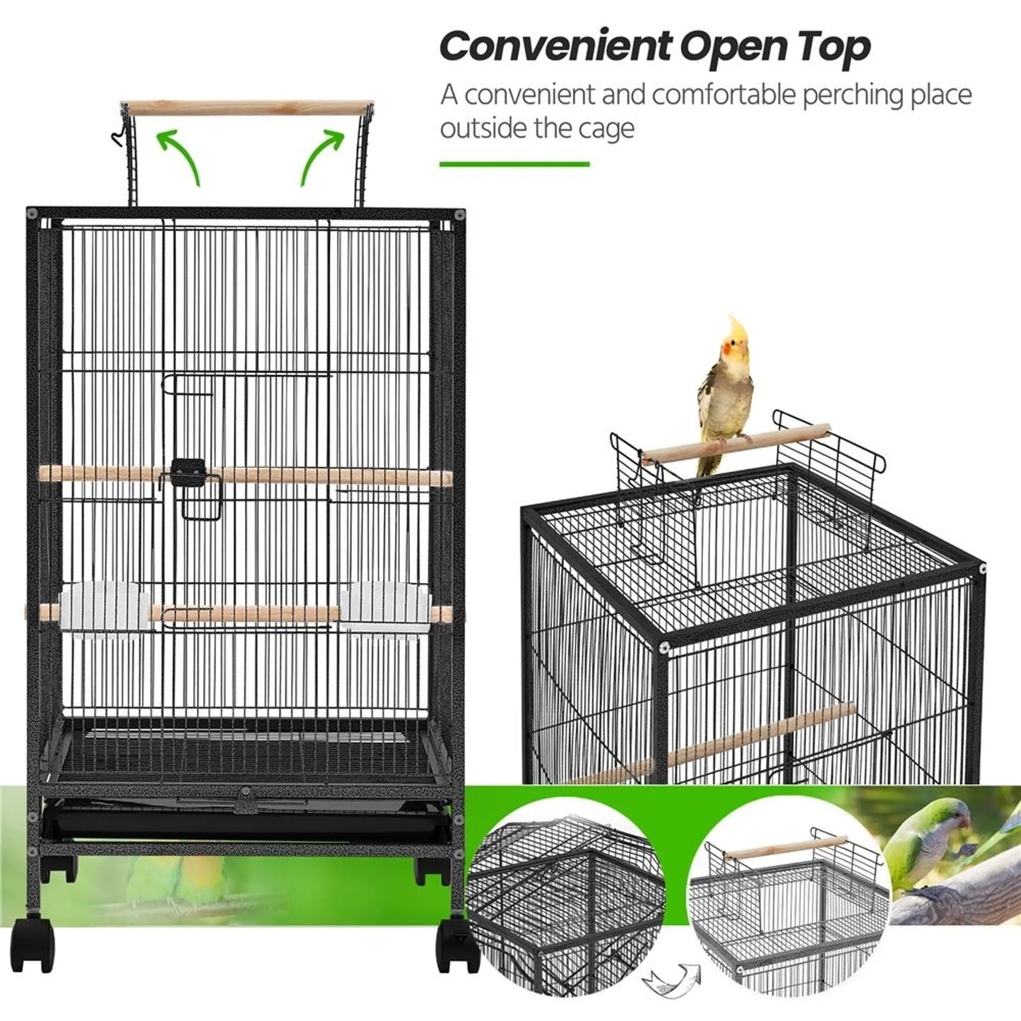 Yaheetech Vogelkäfig mit offenem Dach - 45,5 x 45,5 x 79 cm - Mit abnehmbaren Rädern und ausziehbarer unterer Schublade und gehämmerter Pulverbeschichtung - Für Wellensittiche und Kanarienvögel - Schwarzes Metall und Holz