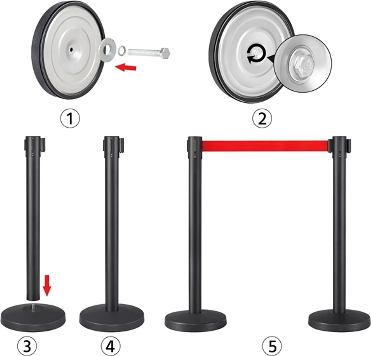 Absperrpfosten, 2er-Set mit einziehbarem Absperrband (200 cm) und schwerem Sockel, rot