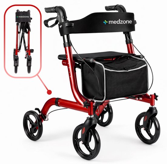 Medzone Rollator leicht und faltbar - Sitzfunktion - für drinnen und draußen - Rückenlehne und Gehstockhalterung - Champagner - Rot