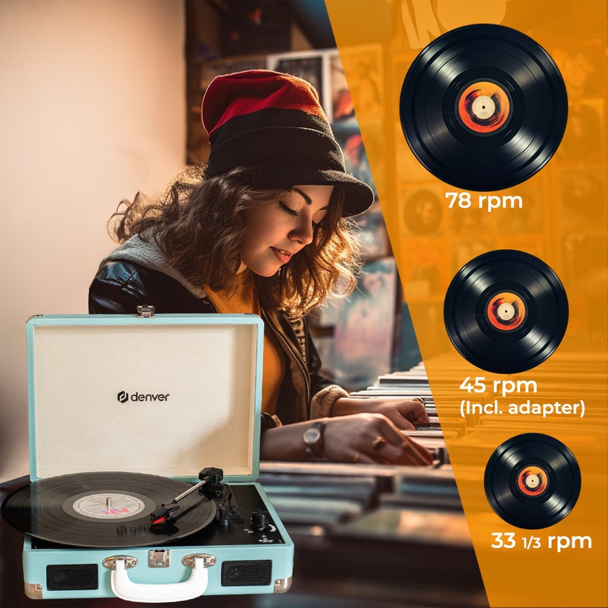 Denver Plattenspieler - Integrierte Lautsprecher - Inkl. PC-Software - Autostopp - Retro - VPL120 - Blau