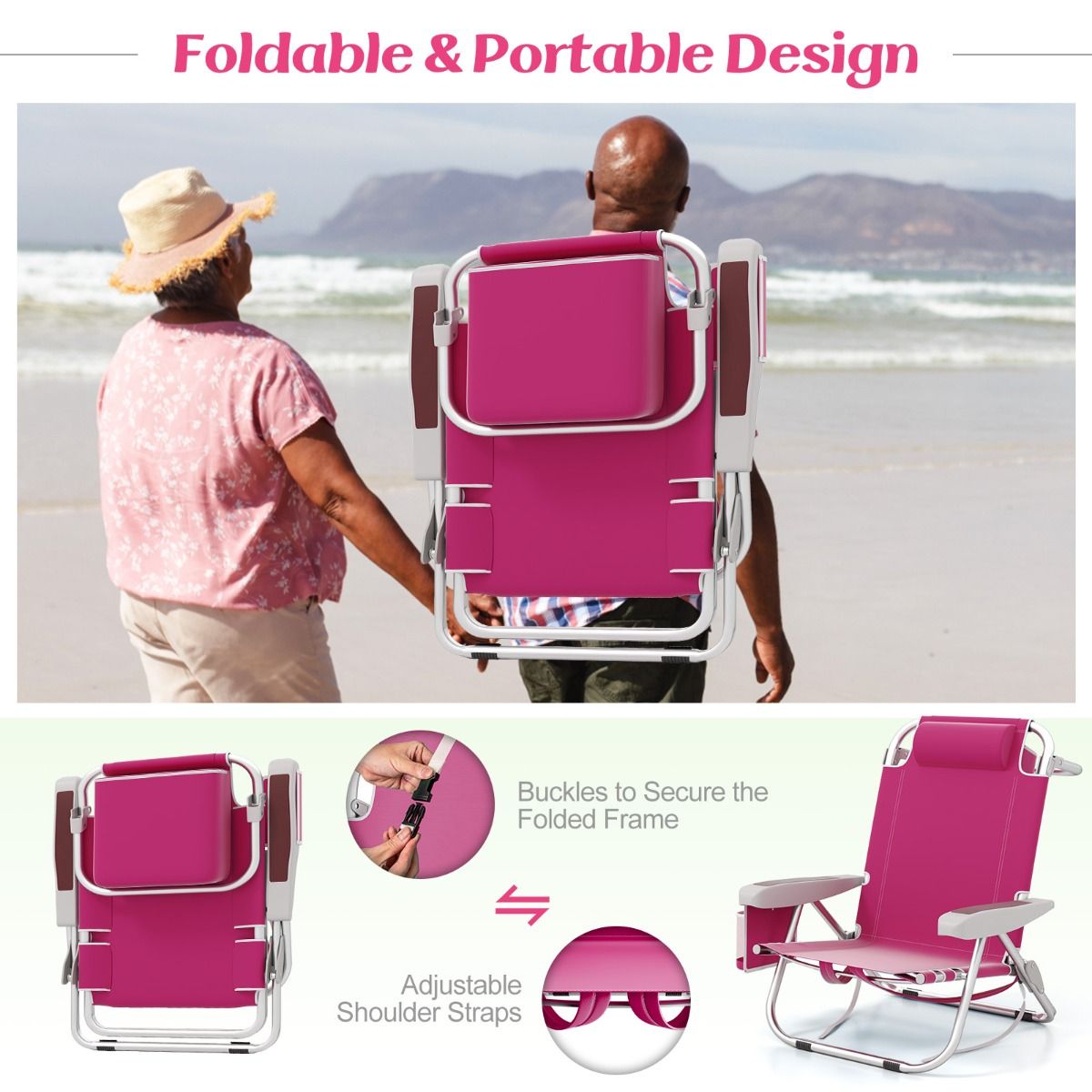 Coast Beach Chair Verstellbare Rückenlehne 5-Positionen faltbare Liege mit Becherhalter und Staufächern Rosa 66x65x78 cm - 2 Stück